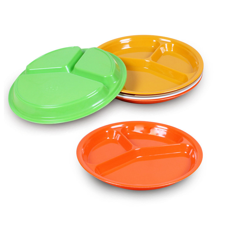 仿瓷三格盘彩色快餐盘密胺餐具分格盘子日式饭盘塑料圆盘包邮色彩