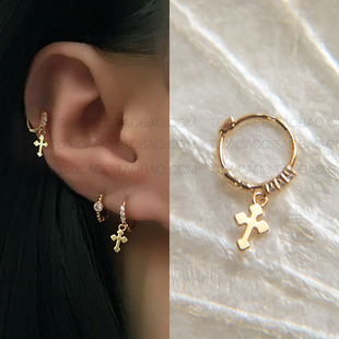 「誓」十字架袖珍925银镀金镶钻复古欧美精致单只小耳骨耳钉耳圈