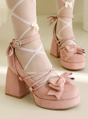 9CM超高跟40-46大码洛丽塔绒面超高跟玛丽珍温柔风COS单鞋粗跟女