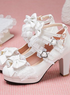 仙女洛丽塔lolita超高跟粗跟蕾丝蝴蝶结串珠交叉扣带单鞋春秋白色