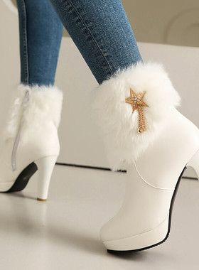 靴10CM超高跟性感红色防水台短秋冬毛毛皮鞋32-43大小码公主女靴