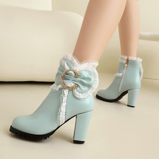 40-48超大小码秋冬蝴蝶结8.5厘米高跟甜美蝴蝶结蕾丝外贸短靴COS