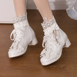 40-48超大码秋冬高跟lolita皮靴后拉链蝴蝶结少女学生短靴公主COS