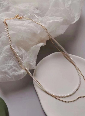 双层叠戴珍珠项链百搭14k