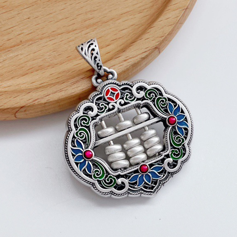 莲花镂空复古民族风足银算盘吊坠