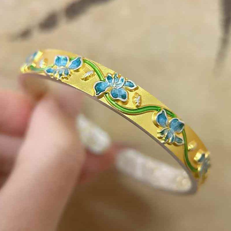 足银999.9兰花银手镯描金珐琅彩
