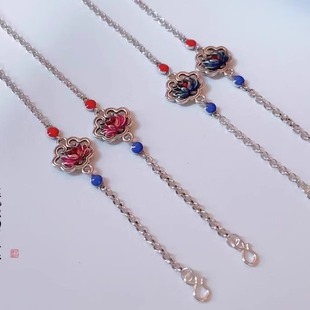 纯银S925莲花双勾项链可调节万能链复古珐琅彩国风四叶草毛衣链女