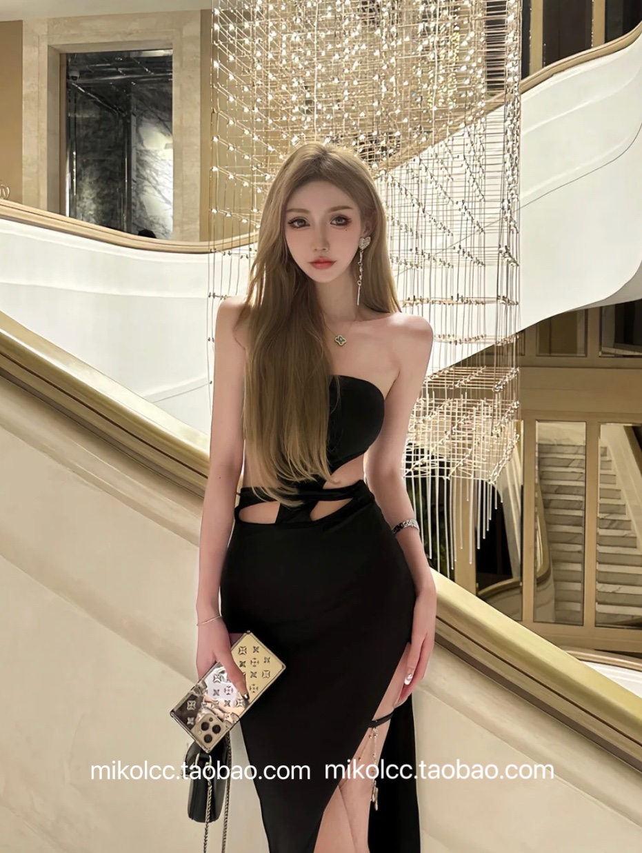性感抹胸裹胸镂空不规则修身包臀连衣裙开叉长裙小黑裙女装夏款
