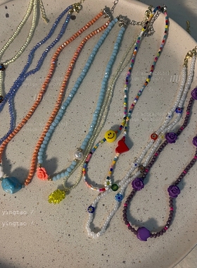 彩色小米珠串珠项链女