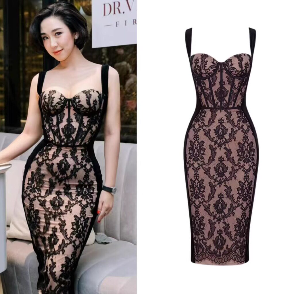 清仓泰国小众设计蕾丝拼接丝绒弹力修身显瘦鱼骨包臀吊带连衣裙