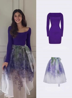 泰国潮牌小众设计紫色大方领针织l连衣裙欧根纱半裙套装