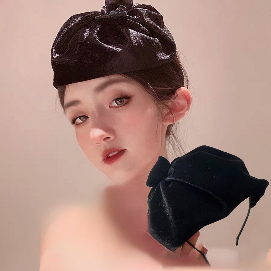 秋冬新款高档黑色丝绒小帽子发箍发饰