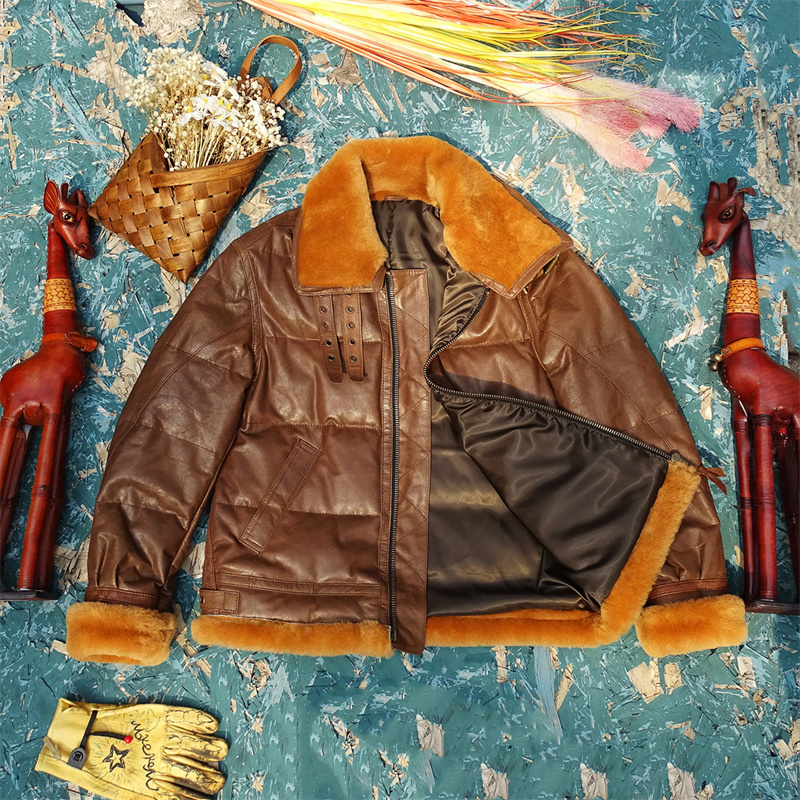 磨砂超薄牛皮羽绒B3毛领飞行服