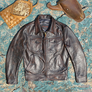 黄茶马皮！进口茶芯马皮擦色做旧真皮皮衣男门多萨四兜无内衬夹克