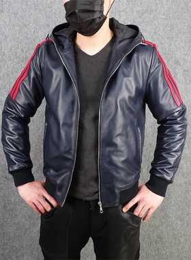 秋冬真皮皮衣男头层绵羊皮短款修身连帽帅气卫衣款深蓝色撞色加棉