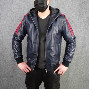 秋冬真皮皮衣男头层绵羊皮短款修身连帽帅气卫衣款深蓝色撞色加棉