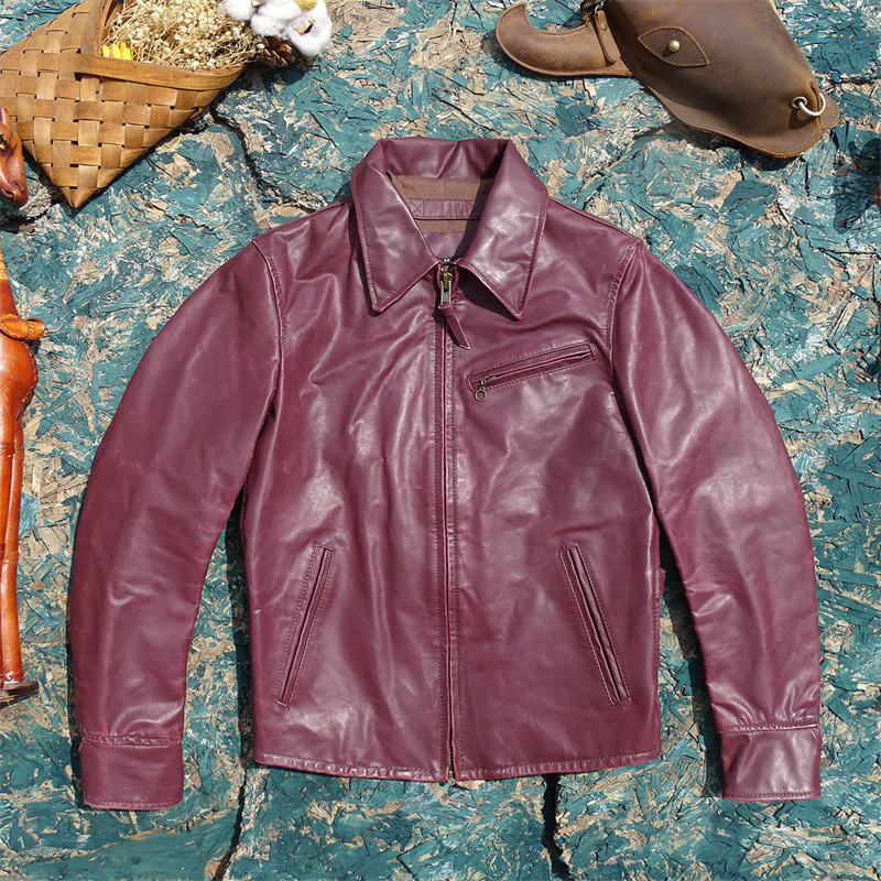 全植鞣进口紫红色硬挺头层牛皮真皮皮衣男1930经典翻领皮夹克上衣