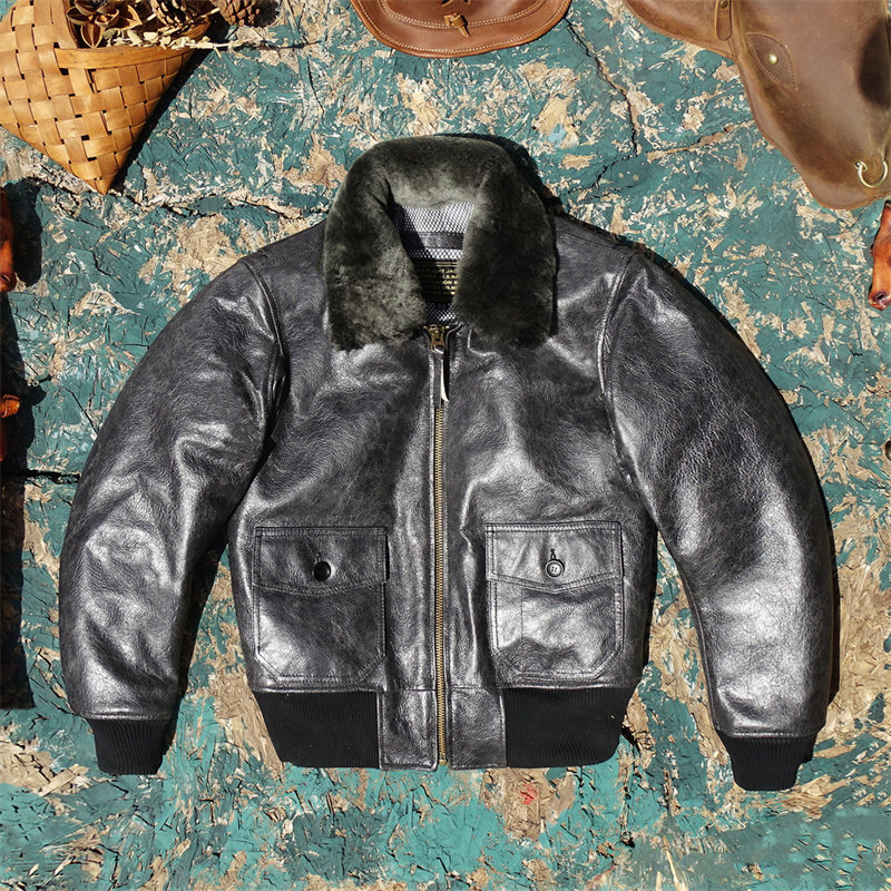 G1海军潜艇军官款白茶心黑蓝色头层牛皮真皮皮衣男女可拆卸羊毛领