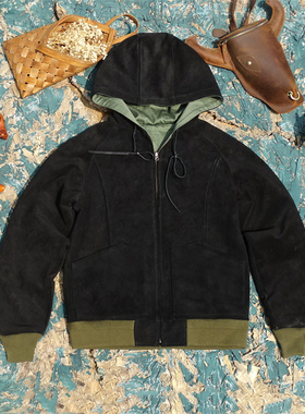 1.5mm重磅！硬挺磨砂老牛皮真皮皮衣男Y2连帽插肩袖休闲舒适卫衣