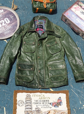 M65改版猎装款油蜡做旧马皮真皮皮衣男多口袋立领修身显瘦丛林色