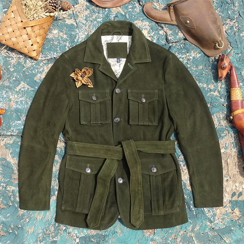 出口美国原版剩余！Safari jacket猎装风衣绒面山羊皮真皮皮衣男