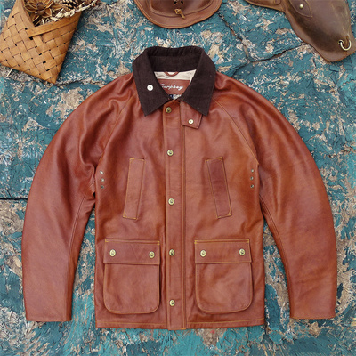 霸波尔英式复古多口袋中长款猎装幻彩暖橙色头层牛皮真皮皮衣男女