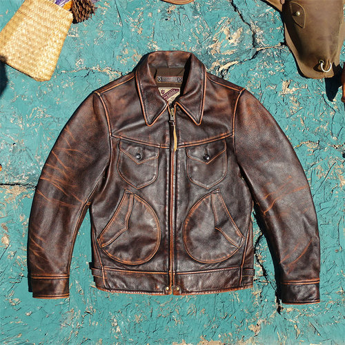 门多萨款！石磨擦色茶心头层牛皮真皮皮衣男美式复古工装西部夹克