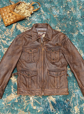 杰森斯坦森敢死队款！擦色做旧孟加拉茶芯小牛皮真皮皮衣男短猎装