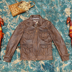 杰森斯坦森敢死队款!擦色做旧孟加拉茶芯小牛皮真皮皮衣男短猎装