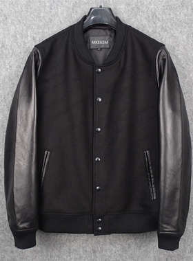 日单羊毛尼+羊皮袖棒球服短款皮夹克头层绵羊皮真皮皮衣男女通穿