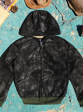 黑色浮银色头层磨砂牛皮真皮皮衣男日版Y-2连帽插肩袖宽松舒适款