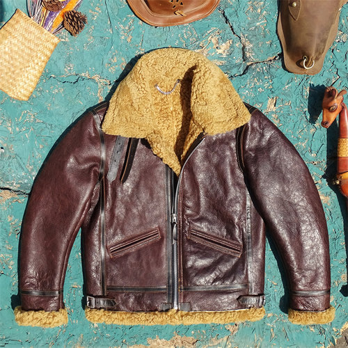 B3加厚款棕紫色+奶油毛羊皮毛一体真皮皮衣男保暖御寒洋气飞行服