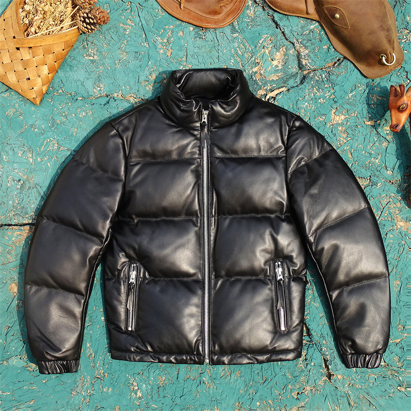 加厚冬季款男士黑色进口绵羊皮真皮皮衣男羽绒服鸭绒短款立领保暖