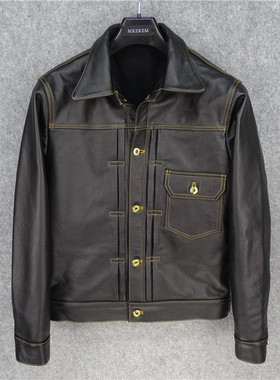 实惠版头层牛皮506XX日版牛仔款修身真皮皮衣男外套浅棕缝线撞色
