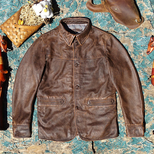 后腰带司闸员款擦色做旧茶芯小牛皮真皮皮衣男重水洗美式复古中长