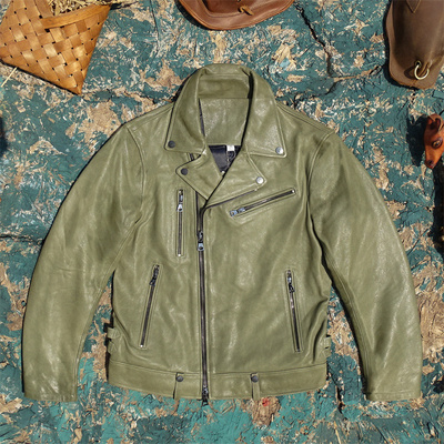 出口剩余轻奢品！头层进口油蜡绵羊皮真皮皮衣男代工斜拉链机车款