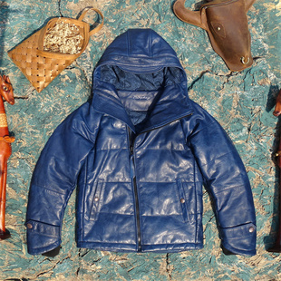 日版连帽斜拉链马蹄袖进口油蜡靛蓝色做旧马皮真皮皮衣男夹棉服