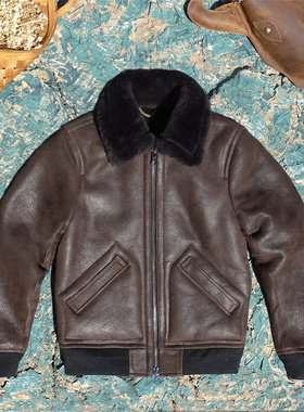 A2飞行服版翻领修身澳洲羊皮毛一体真皮皮衣男款上衣外套保暖舒适