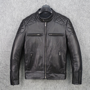 头层牛皮真皮皮衣男立领时尚 菱格加厚皮夹克外套上衣机车服 修身