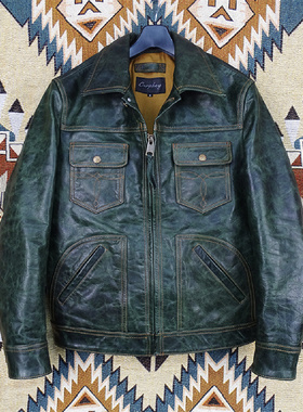 maverick独行侠袋花拉链牛仔油蜡绿色小幼马皮真皮皮衣男可穿十年