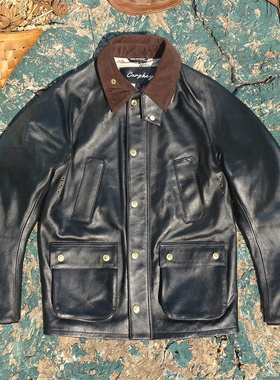 霸波尔英式复古多口袋中长款猎装兵库黑蓝色调牛皮真皮皮衣男女