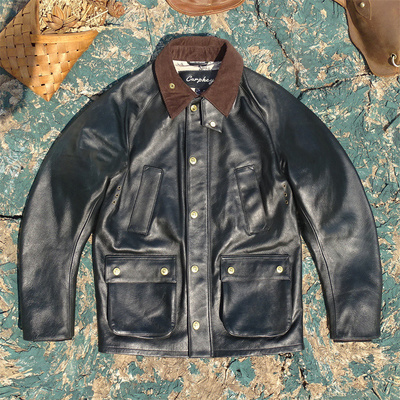 霸波尔英式复古多口袋中长款猎装兵库黑蓝色调牛皮真皮皮衣男女