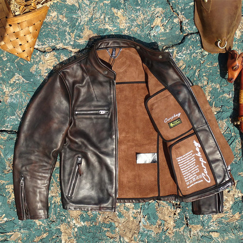 进口植鞣茶芯擦色做旧马皮无里衬J100领子活袢男立领修身真皮皮衣