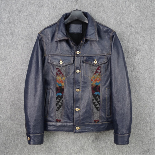 纳瓦霍毛呢拼接头层牛皮507牛仔美式复古真皮皮衣男保暖毛绒内里