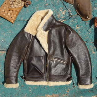 原生态羊皮毛一体真皮皮衣男爆裂做旧 保暖御寒 米白毛巴顿飞行款