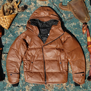 日本版连帽斜拉链马蹄袖进口头层牛皮真皮皮衣男羽绒服冬季保暖