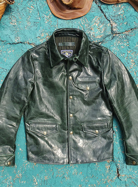 油蜡绿色软马皮真皮皮衣男小司闸员款小都盖修身显瘦油蜡复古外套