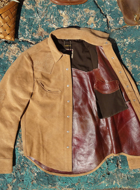 仅50件！RL风格开口笑美式复古绒面烟草色反绒牛皮衬衣西部刺绣