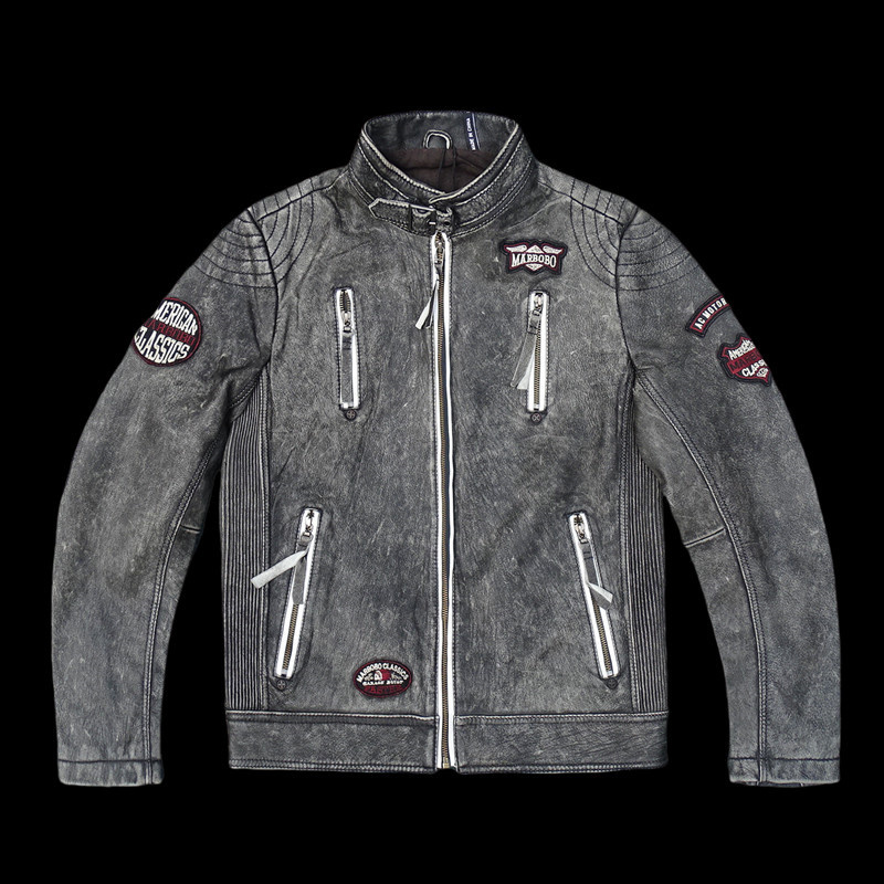 断码甩卖！头层进口植鞣灰茶芯山羊皮真皮皮衣男印第安刺绣机车服