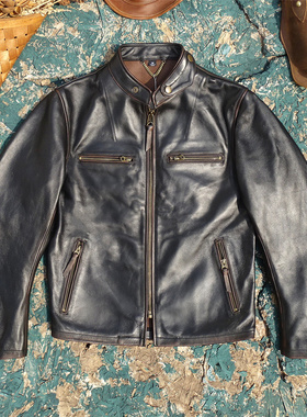 无内衬！擦色做旧头层软化小马皮J100领子活袢立领修身真皮皮衣男